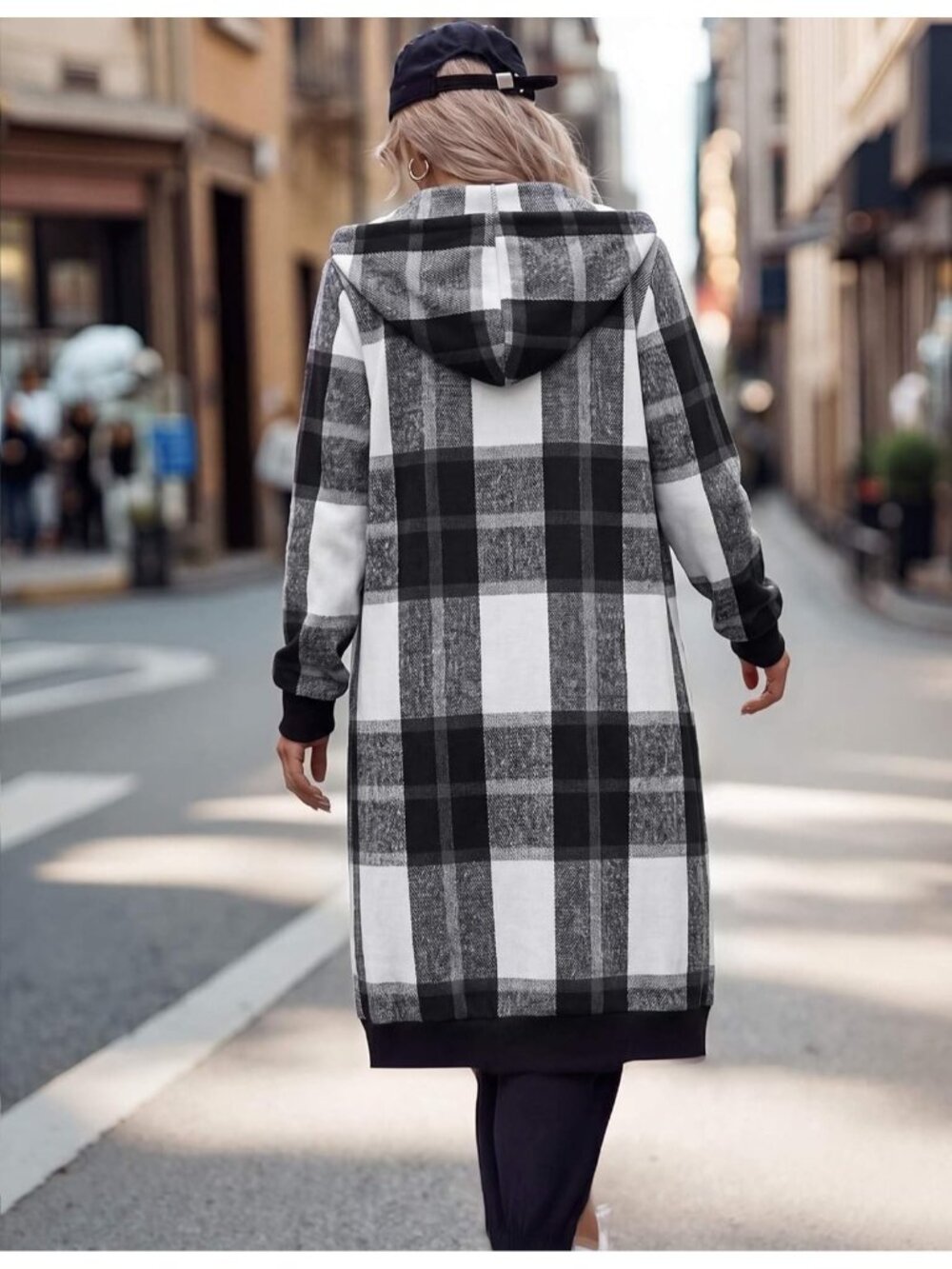 Women's Black White Plaid Longline Fleece Hoodie Full Zip Oversized Duster - Picture 6 of 6
